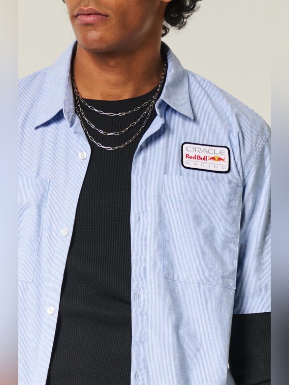 Hollister Men's Blue Boxy Oracle Red Bull Racing Graphic Workwear Shirt- Size M